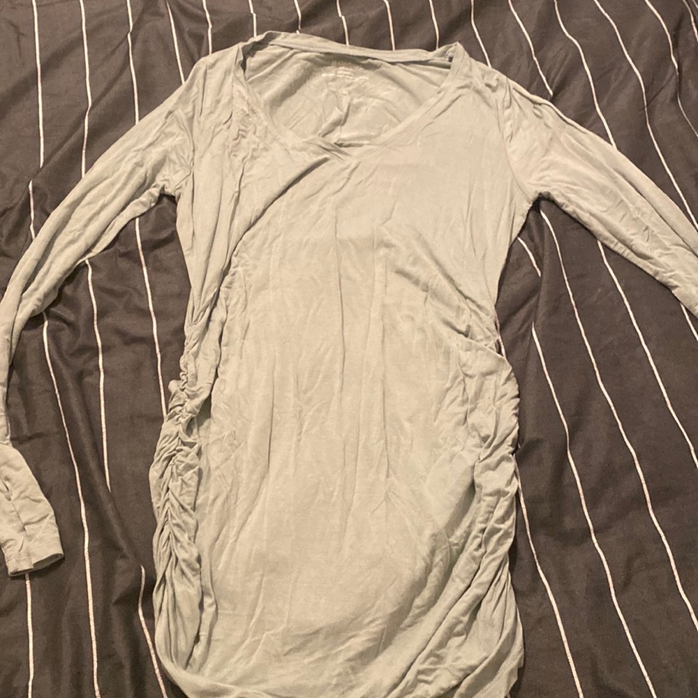 Maternity mint long sleeve v neck shirt with side rushed